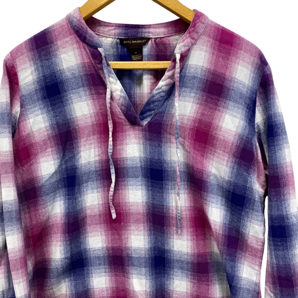 Bit & Bridle Flannel Plaid Pullover Tunic Shirt Women's Medium Long Sleeve